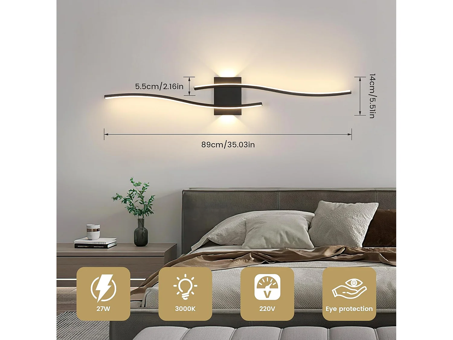 Applique Murale LED Intérieure,Noir Lignes Simples 27W 3000LM Lampe Murale LED Moderne, Éclairage Luminaire Mural LED pour Chambre,Blanc Chaud 3000K
