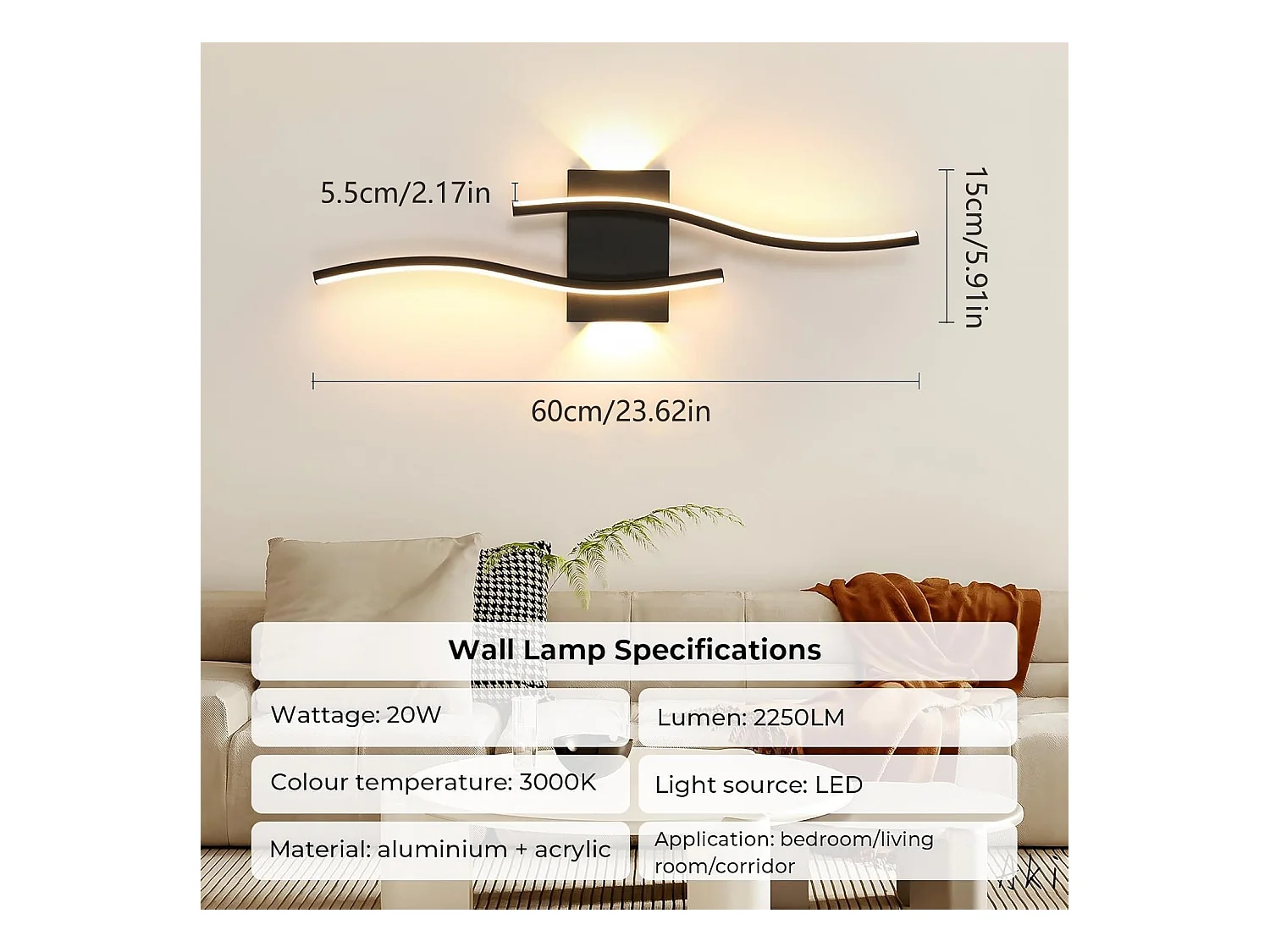 Applique Murale LED Intérieure,20 W Moderne Lampe Murale Noir, Éclairage Mural Interieur Décoratif pour Chambre,Salon,Cuisine,3000K Blanc Chaud (60CM)
