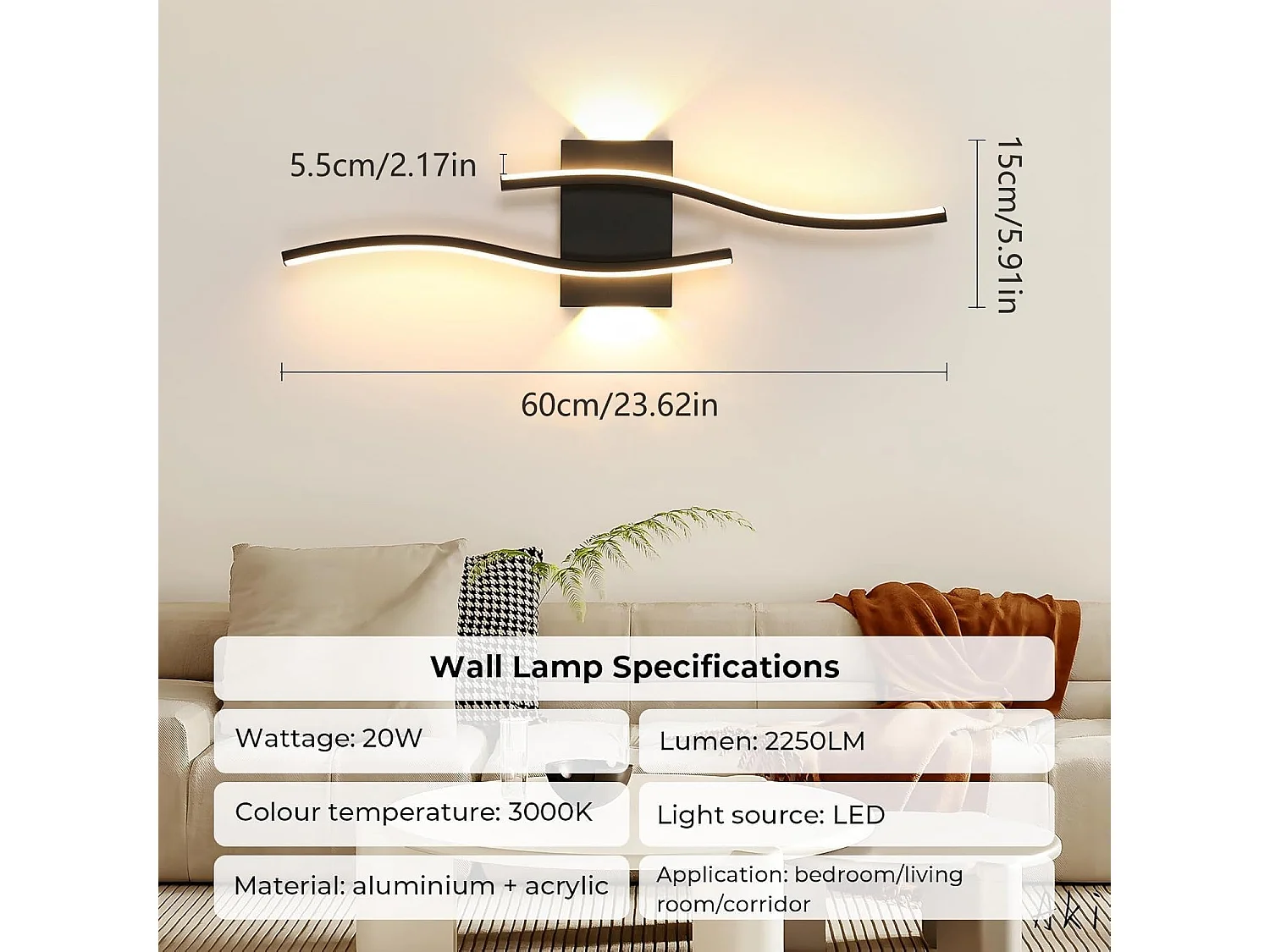 Applique Murale LED Intérieure,20 W Moderne Lampe Murale Noir, Éclairage Mural Interieur Décoratif pour Chambre,Salon,Cuisine,3000K Blanc Chaud (60CM)
