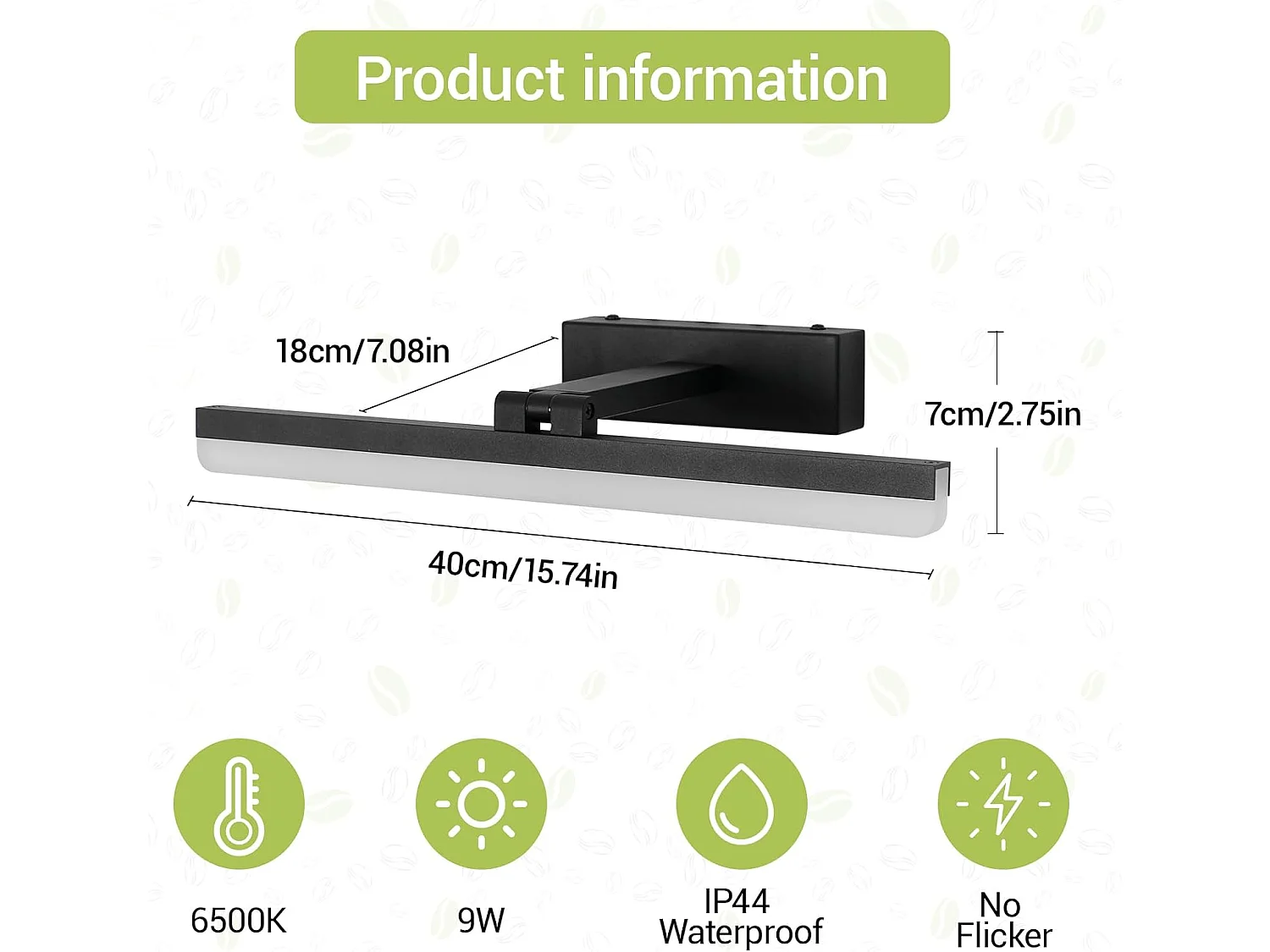 Lampe Miroir LED Salle de Bains 9W 40CM, IP44 Étanche Lumiere Miroir Salle de Bain Moderne, Applique Murale 180° Rotatif 6500K Blanc Froid, Schwarz