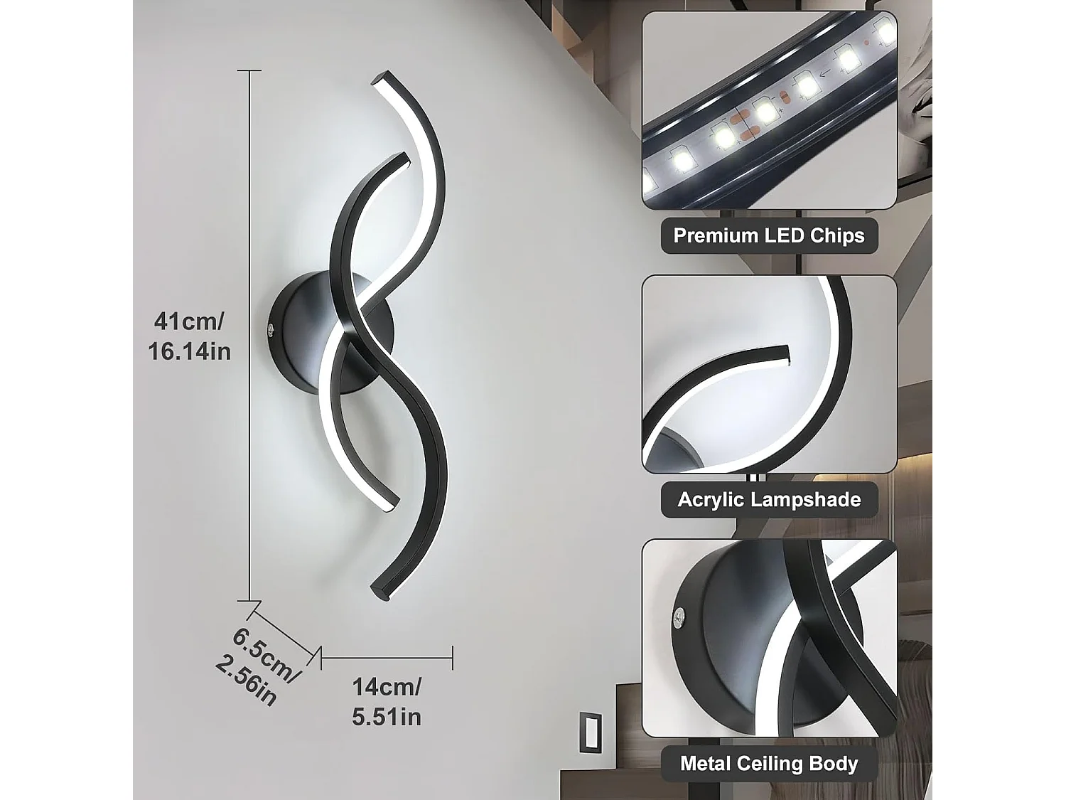 Applique Murale Intérieure,Moderne Lampe Murale Noir,15W Appliques LED Design Incurvée,Luminaire Murals en Acryliquel pour Chambre,Blanc Froid 6500K