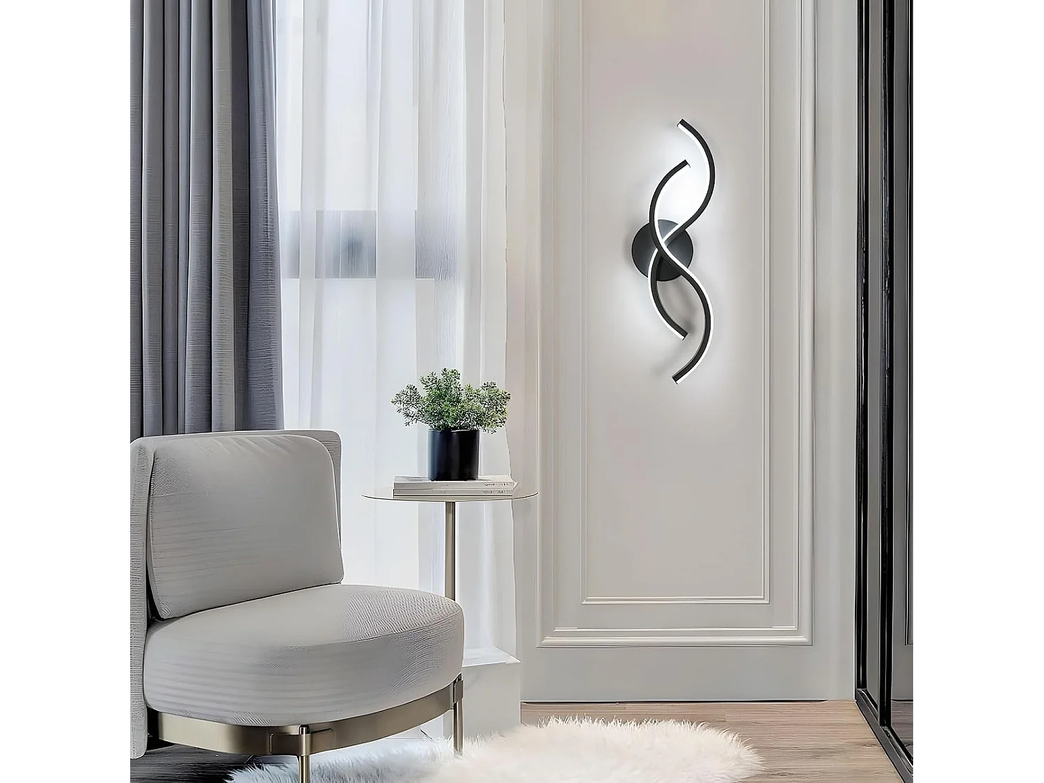 Applique Murale Intérieure,Moderne Lampe Murale Noir,15W Appliques LED Design Incurvée,Luminaire Murals en Acryliquel pour Chambre,Blanc Froid 6500K