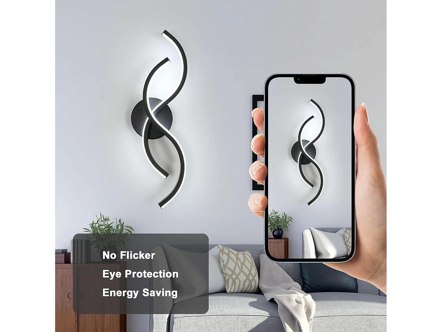 Applique Murale Intérieure,Moderne Lampe Murale Noir,15W Appliques LED Design Incurvée,Luminaire Murals en Acryliquel pour Chambre,Blanc Froid 6500K