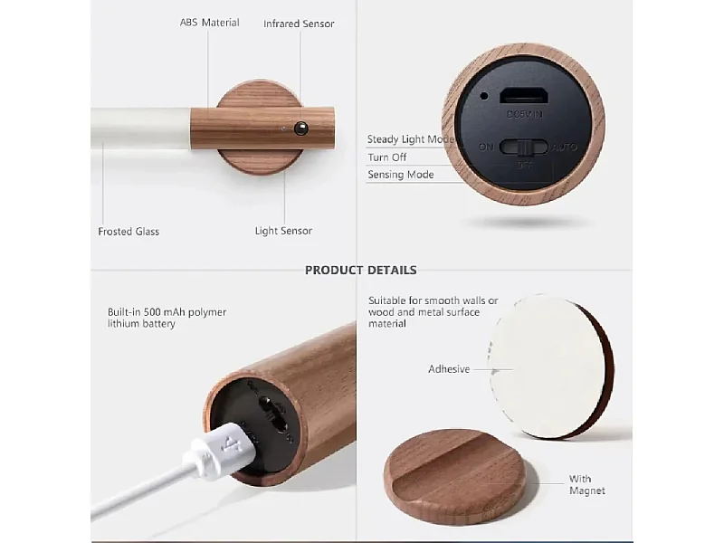 Lampe murale magnétique à LED USB avec détecteur de mouvement, idéale pour une cuisine, un placard, une chambre à coucher ou des escaliers,A