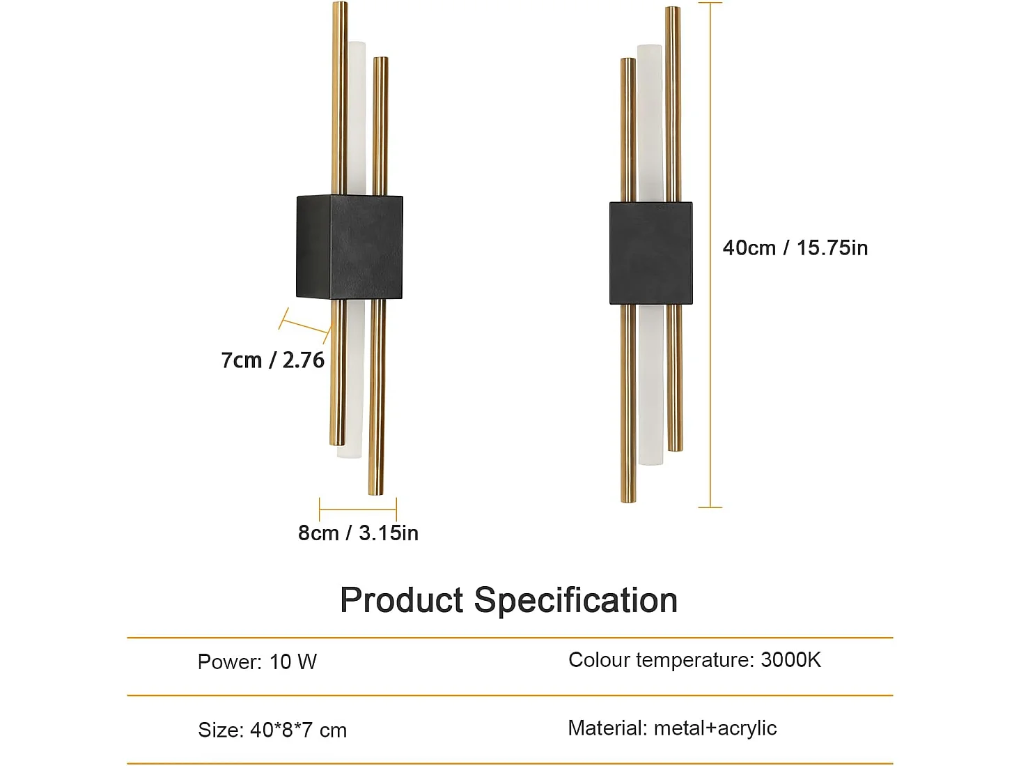 Applique Murale Intérieure LED, Moderne Lampe Murale 10W 3000K Lumière Chaude, Acrylique Luminaire Mural pour Salon Chambre Couloir Escalier, Noir+Or