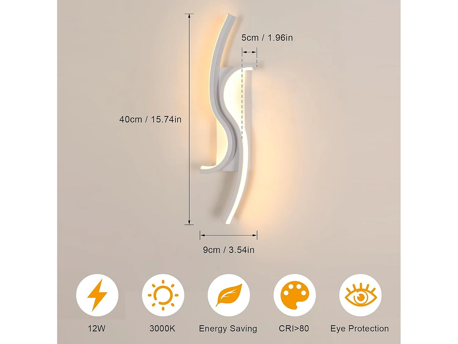 Applique Murale Intérieure LED, 12W 1350LM Lampe Murale Moderne, Éclairage Acrylique Luminaire Mural pour Chambre,Salon,Couloir,Blanc Chaud 3000K