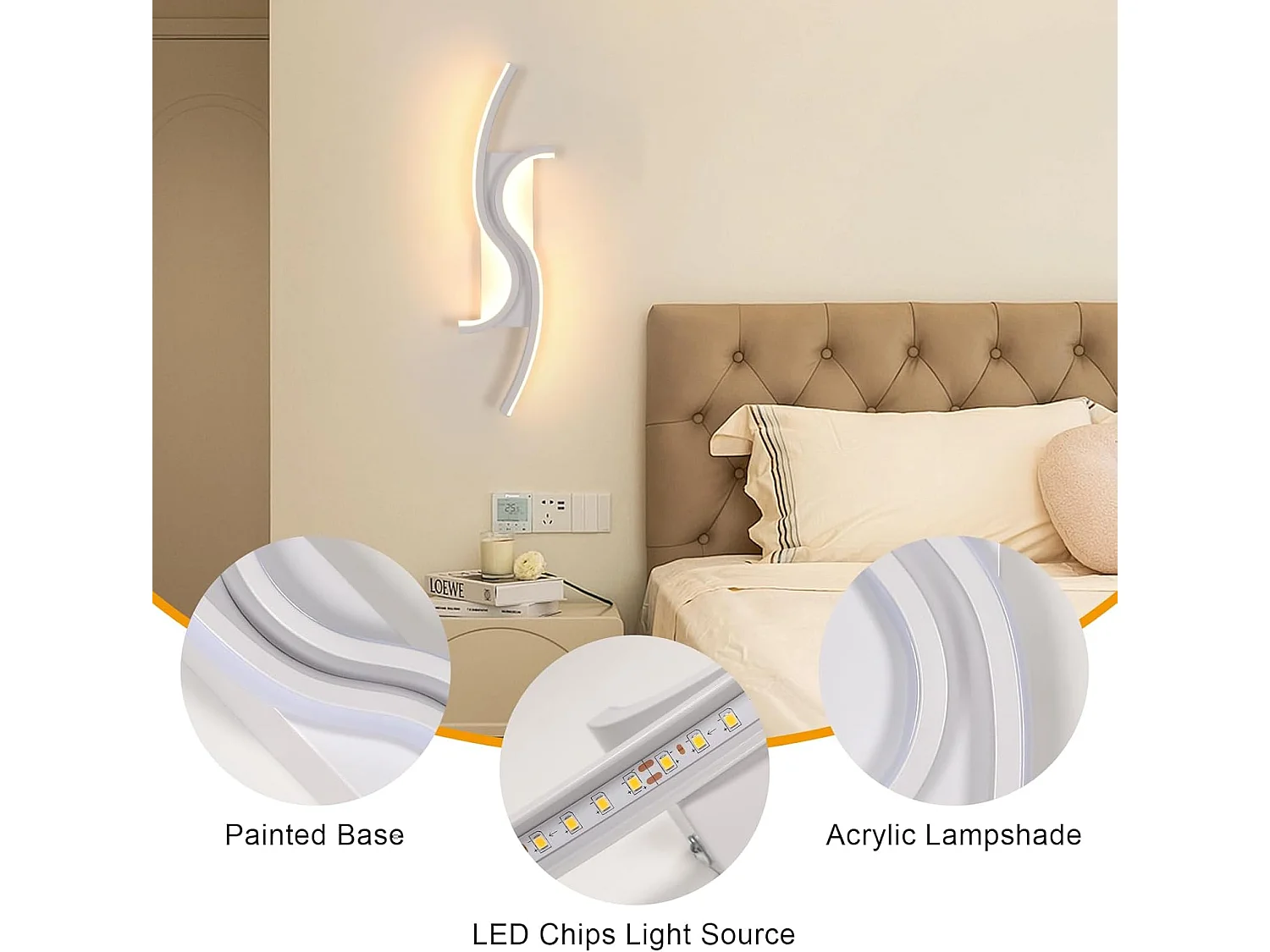 Applique Murale Intérieure LED, 12W 1350LM Lampe Murale Moderne, Éclairage Acrylique Luminaire Mural pour Chambre,Salon,Couloir,Blanc Chaud 3000K