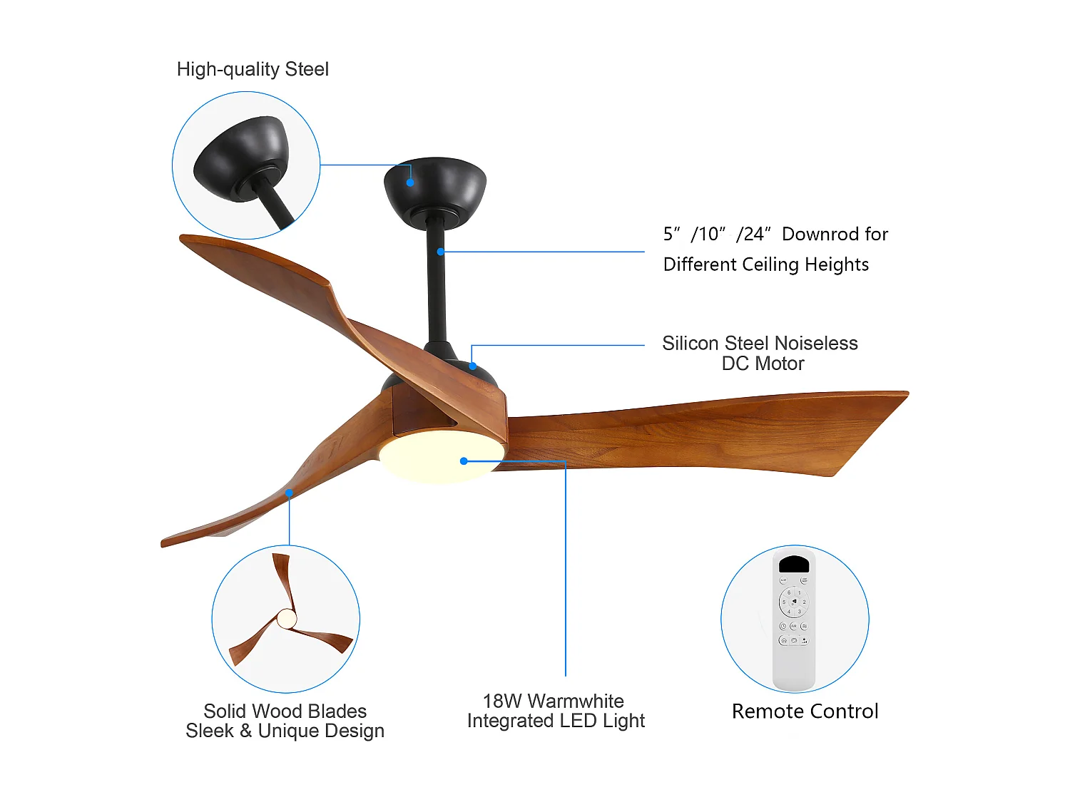 Ventilateur de Plafond Minimaliste en Bois Massif 52 Pouces, Moteur Réversible CC, Design Moderne – Pour Salon, Chambre, Terrasse