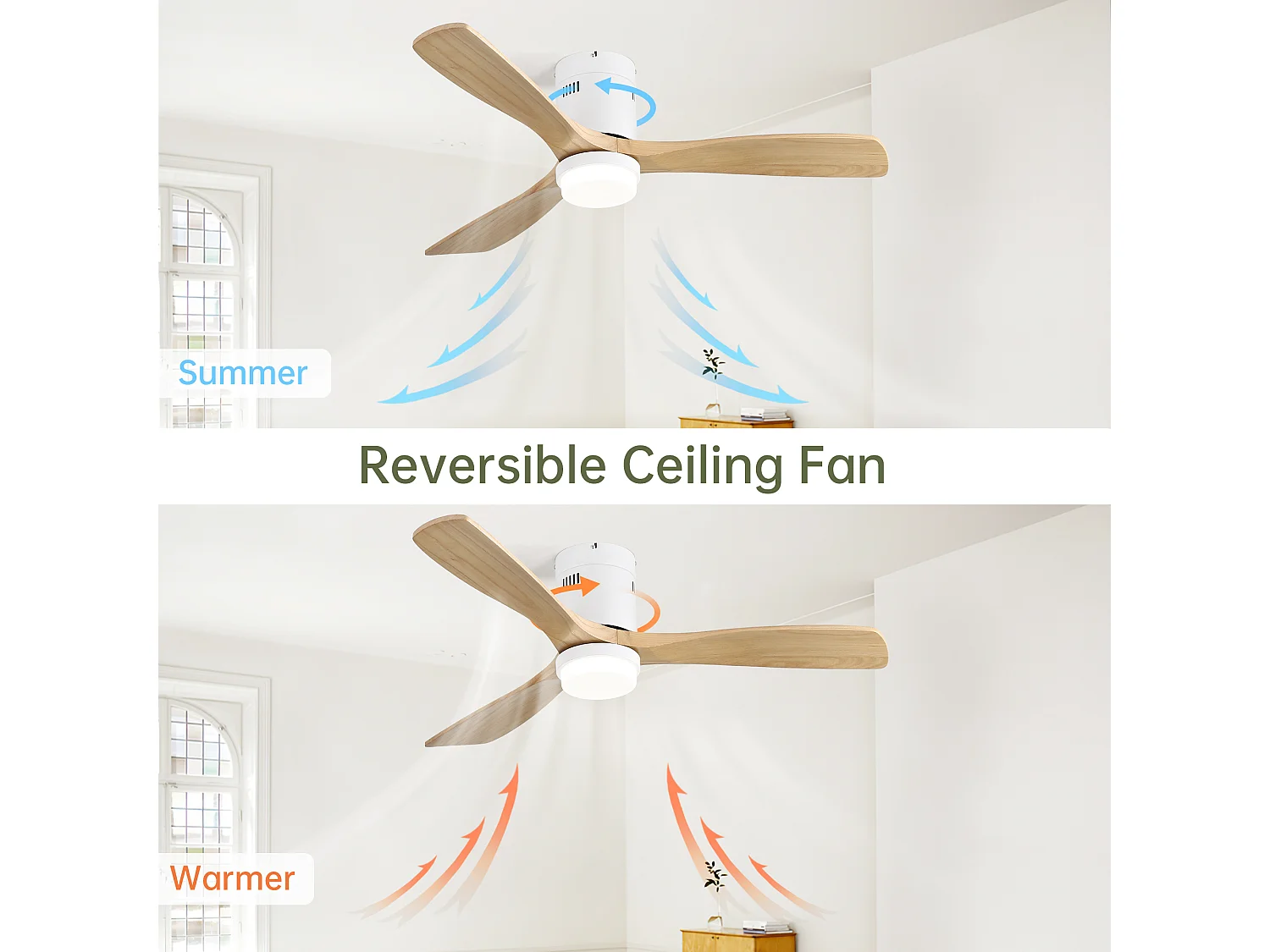 Ventilateur de Plafond Moderne 132 cm Bois avec Lumière LED – Moteur DC Réversible Silencieux – Pour Salon Chambre Patio