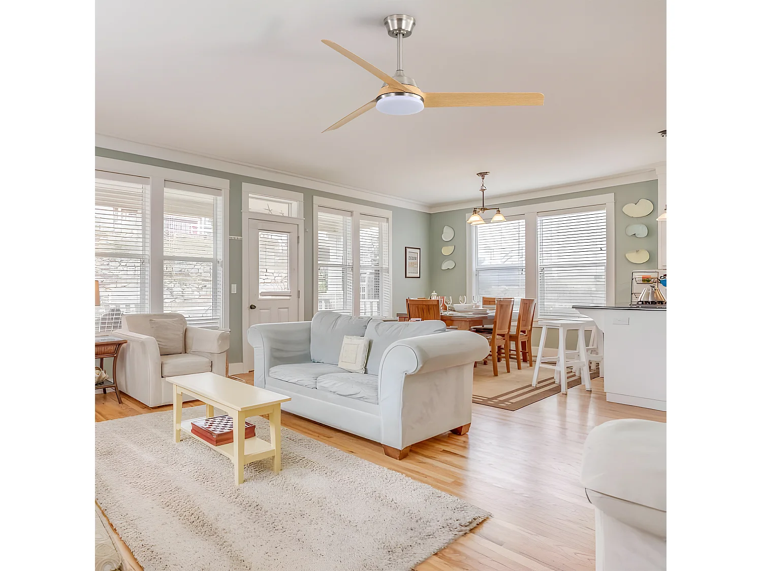 Ventilateur plafond 52" LED, bois & nickel, réversible – salon/chambre