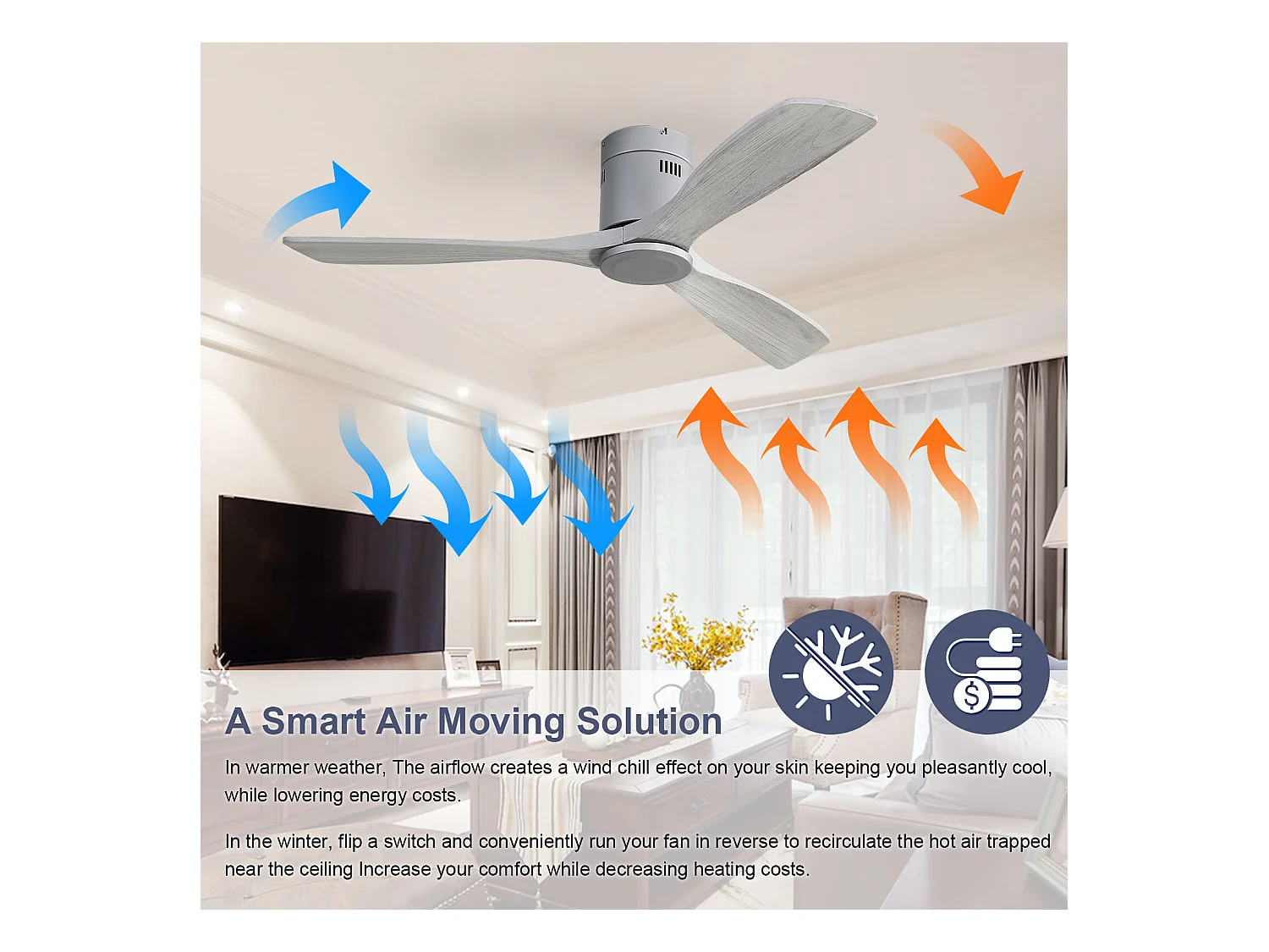 Ventilateur de Plafond 132 cm en Bois avec Lumière LED – Moteur DC Réversible Silencieux – Design Moderne pour Intérieur