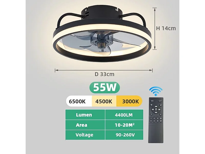 Ventilateur de plafond discret avec éclairage et télécommande, variateur 3 000 K-6 500 K, LED sans pales, montage encastré, style B – Noir