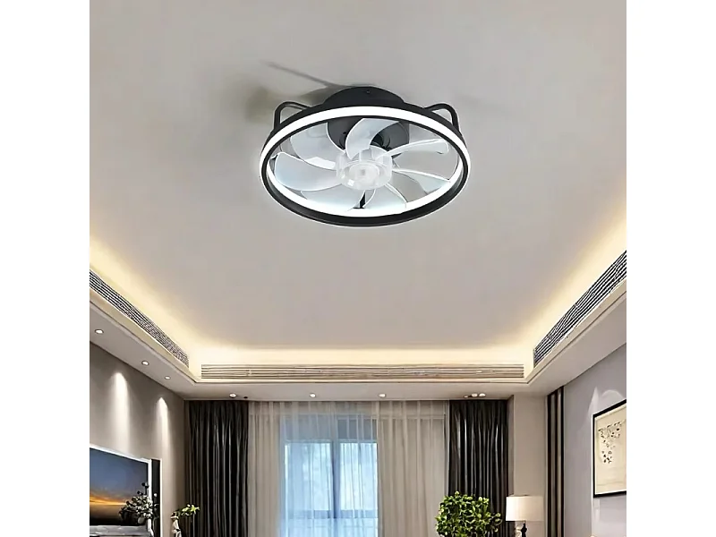 Ventilateur de plafond discret avec éclairage et télécommande, variateur 3 000 K-6 500 K, LED sans pales, montage encastré, style B – Noir