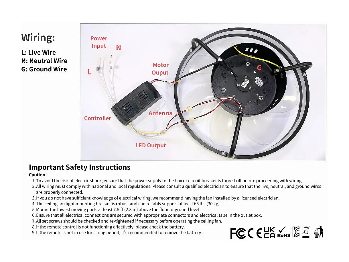 Ventilateur de plafond discret avec éclairage et télécommande, variateur 3 000 K-6 500 K, LED sans pales, montage encastré, style B – Noir