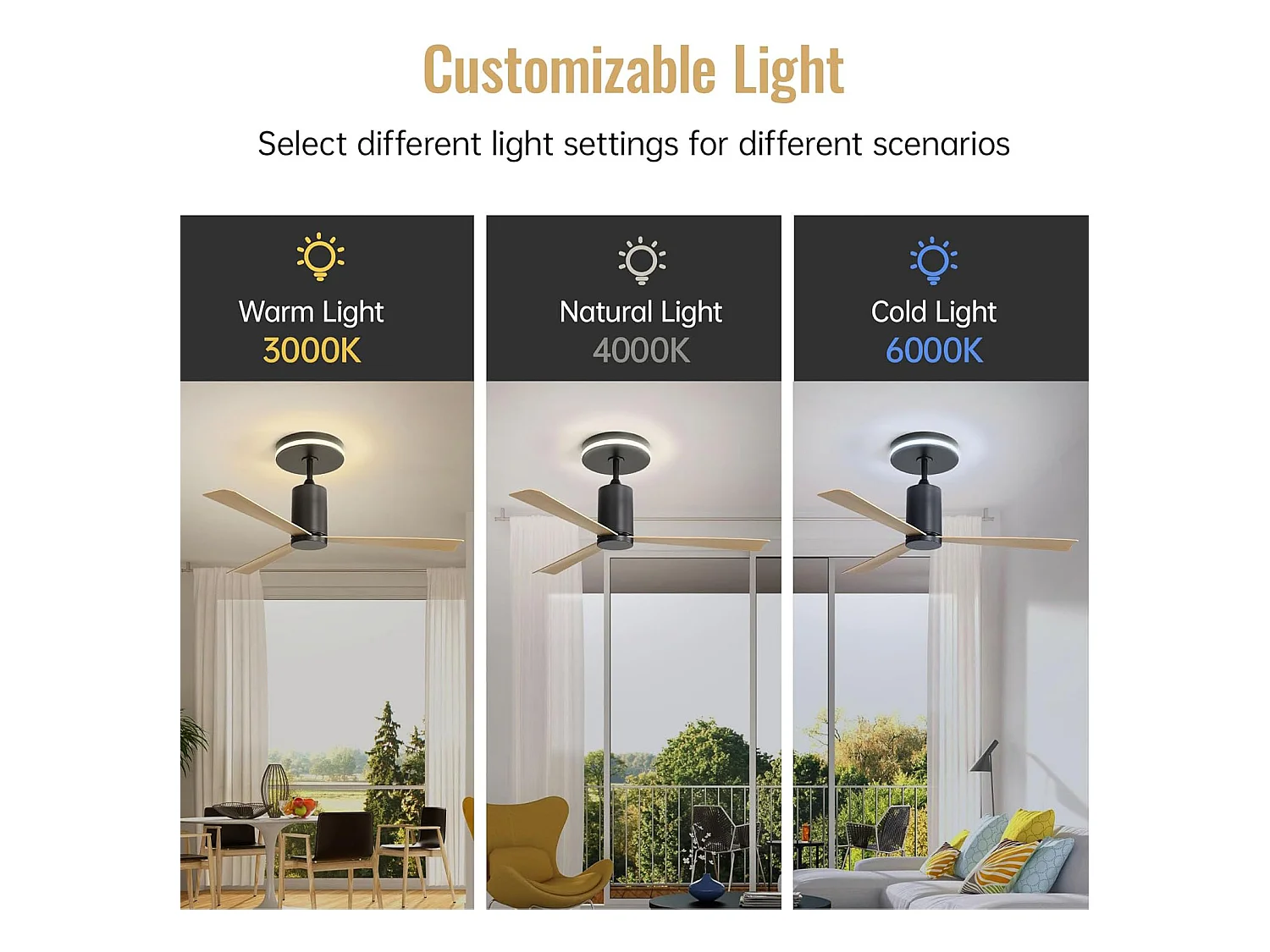 Ventilateur de Plafond 52 Pouces avec Lumière LED 3CCT – Moteur Réversible CC – Télécommande – Idéal pour Grandes Pièces