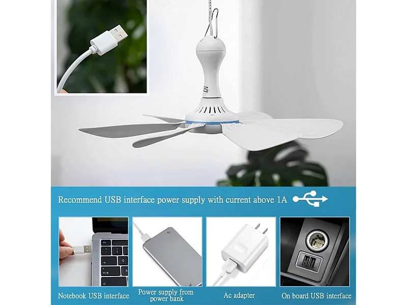 Ventilateur USB silencieux à 6 pales, ventilateur de plafond à 4 vitesses, ventilateur suspendu pour lit de camping, sans télécommande