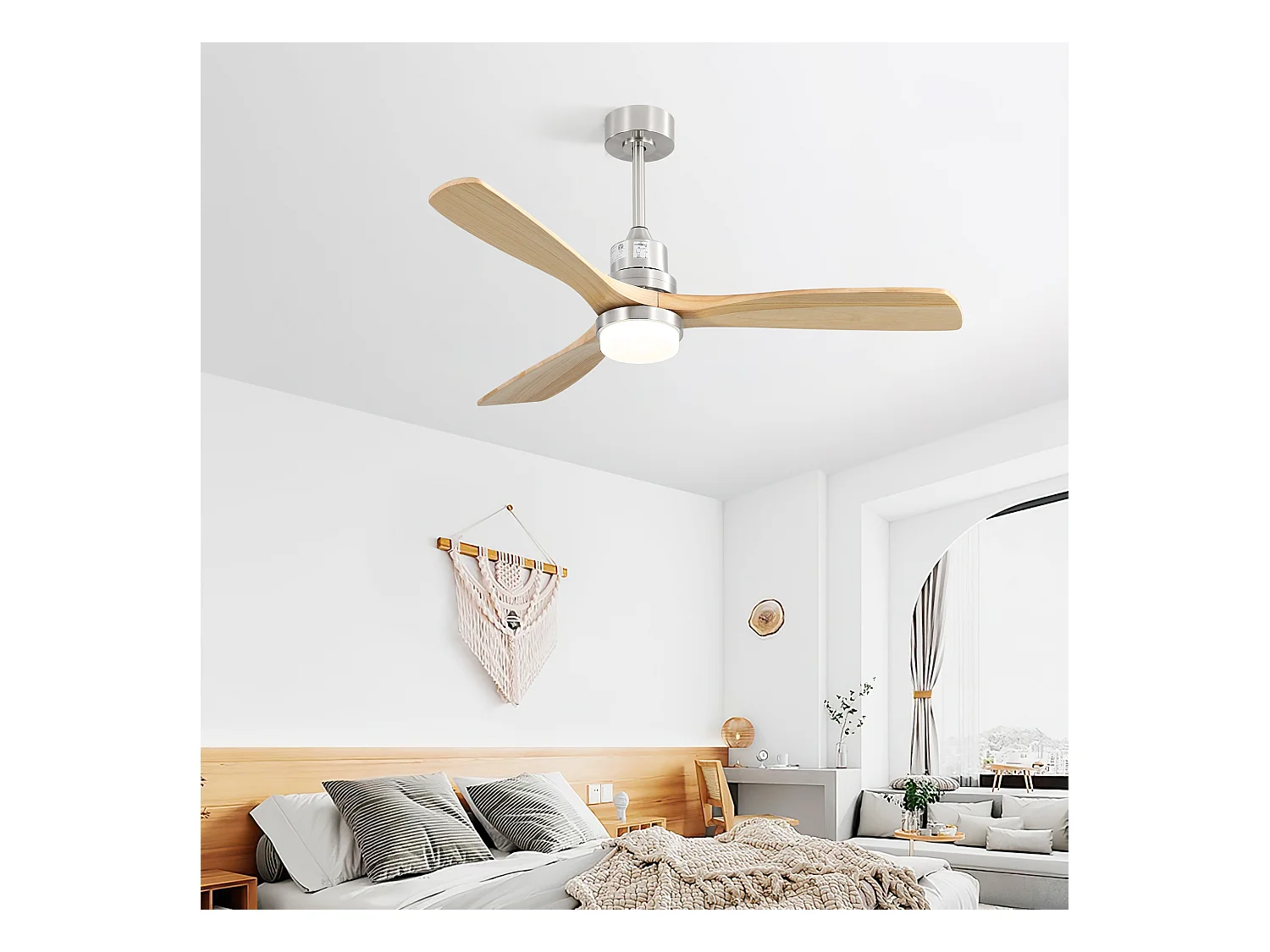 Ventilateur de Plafond Minimaliste en Bois Massif avec Lumière, Moteur Réversible CC, Design Moderne – 52 Pouces, Salon, Chambre, Terrasse