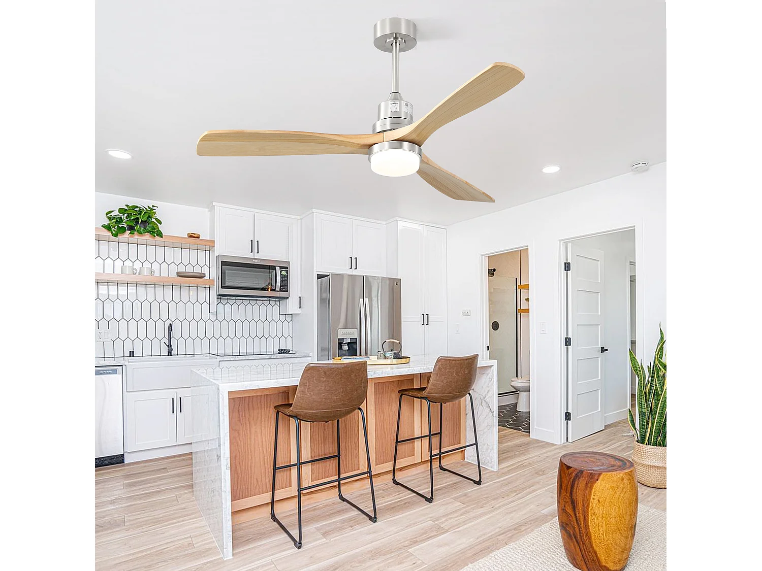 Ventilateur de Plafond Minimaliste en Bois Massif avec Lumière, Moteur Réversible CC, Design Moderne – 52 Pouces, Salon, Chambre, Terrasse