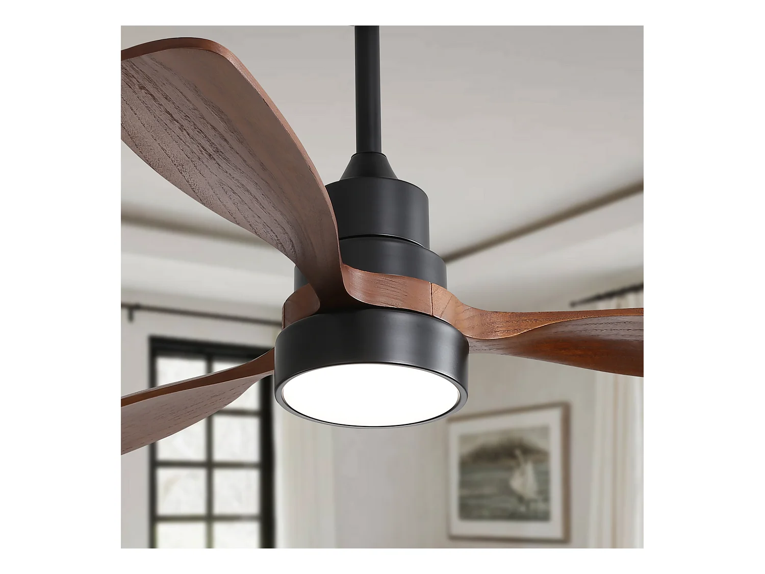 Ventilateur de Plafond 122 cm avec Lumière LED 18W – Moteur DC Réversible – Télécommande – Pales Bois Noyer
