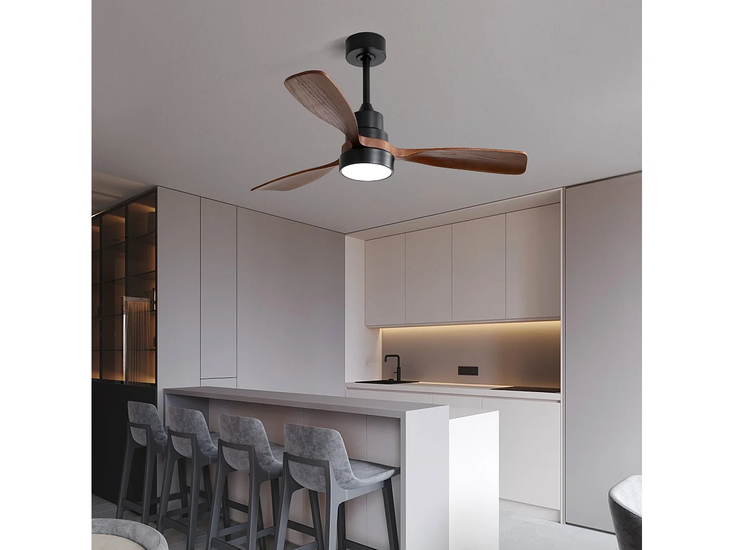 Ventilateur de Plafond 122 cm avec Lumière LED 18W – Moteur DC Réversible – Télécommande – Pales Bois Noyer