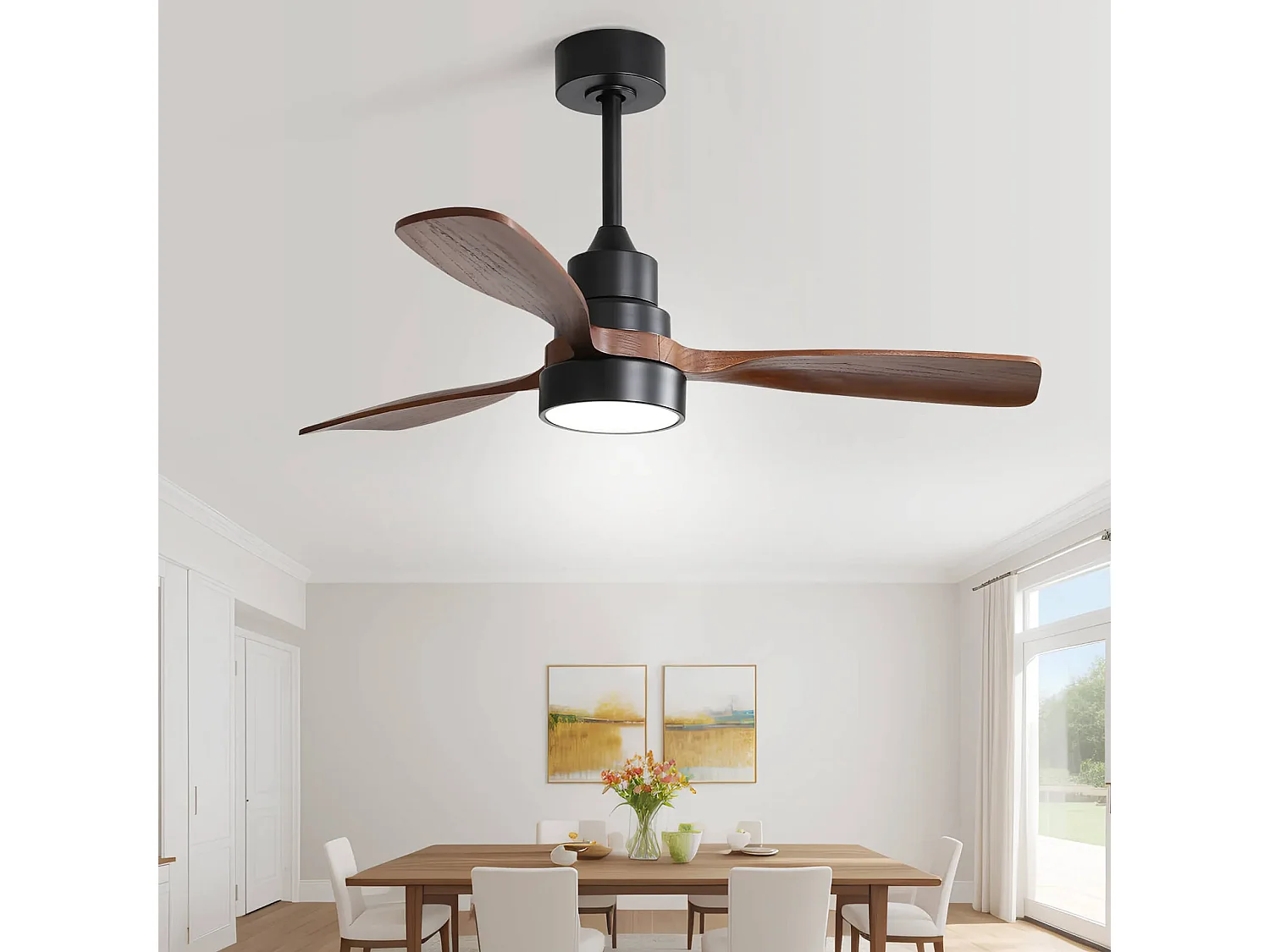 Ventilateur de Plafond 122 cm avec Lumière LED 18W – Moteur DC Réversible – Télécommande – Pales Bois Noyer