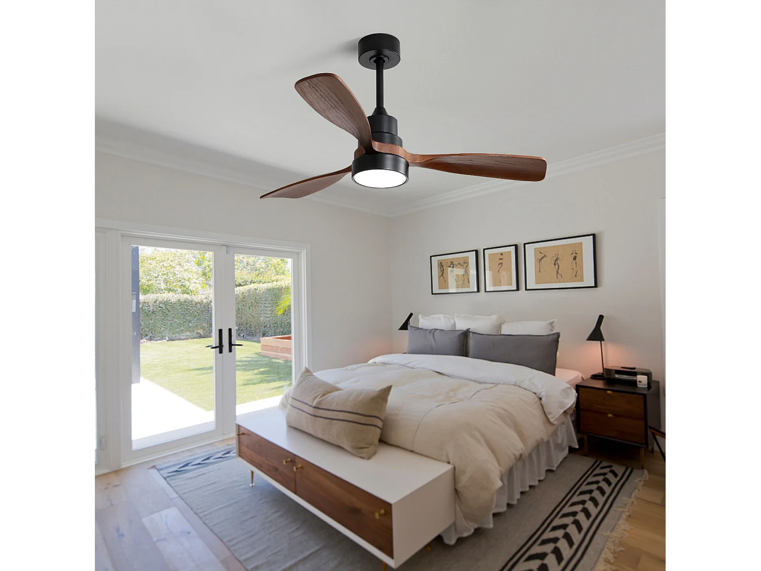 Ventilateur de Plafond 122 cm avec Lumière LED 18W – Moteur DC Réversible – Télécommande – Pales Bois Noyer