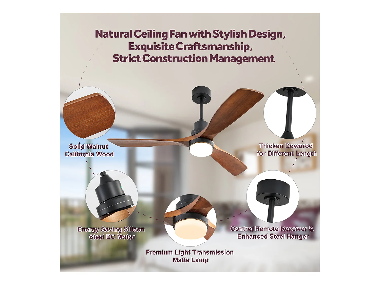 Ventilateur Plafond Bois Massif 132 cm avec LED – Moteur DC Réversible Silencieux – Pour Salon, Chambre, Patio