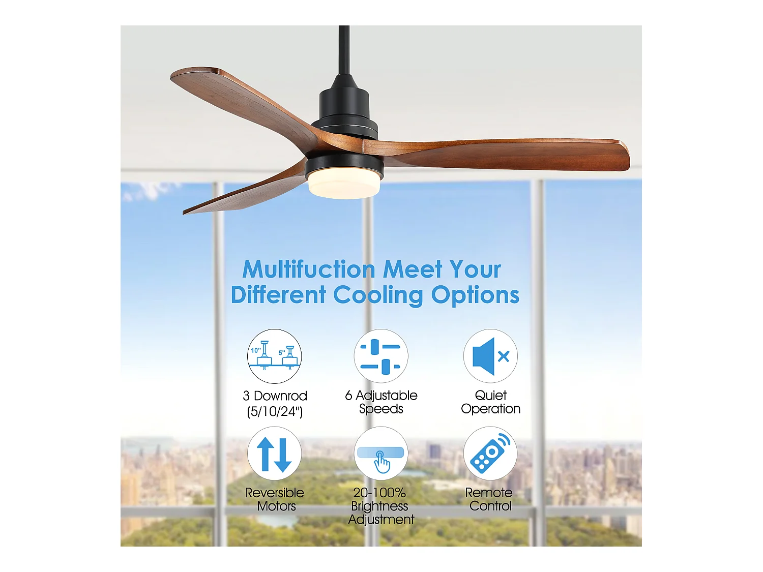 Ventilateur Plafond Bois Massif 132 cm avec LED – Moteur DC Réversible Silencieux – Pour Salon, Chambre, Patio