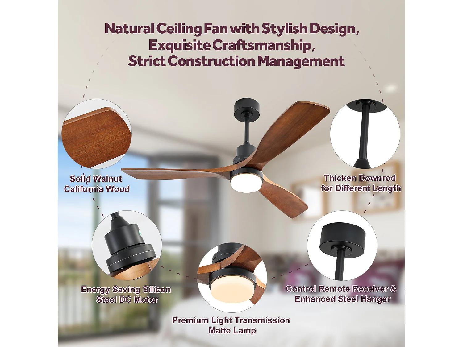 Ventilateur Plafond Bois Massif 132 cm avec LED – Moteur DC Réversible Silencieux – Pour Salon, Chambre, Patio