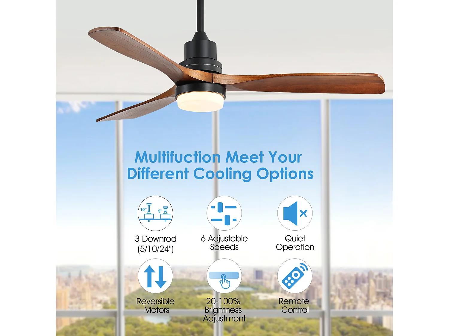 Ventilateur Plafond Bois Massif 132 cm avec LED – Moteur DC Réversible Silencieux – Pour Salon, Chambre, Patio