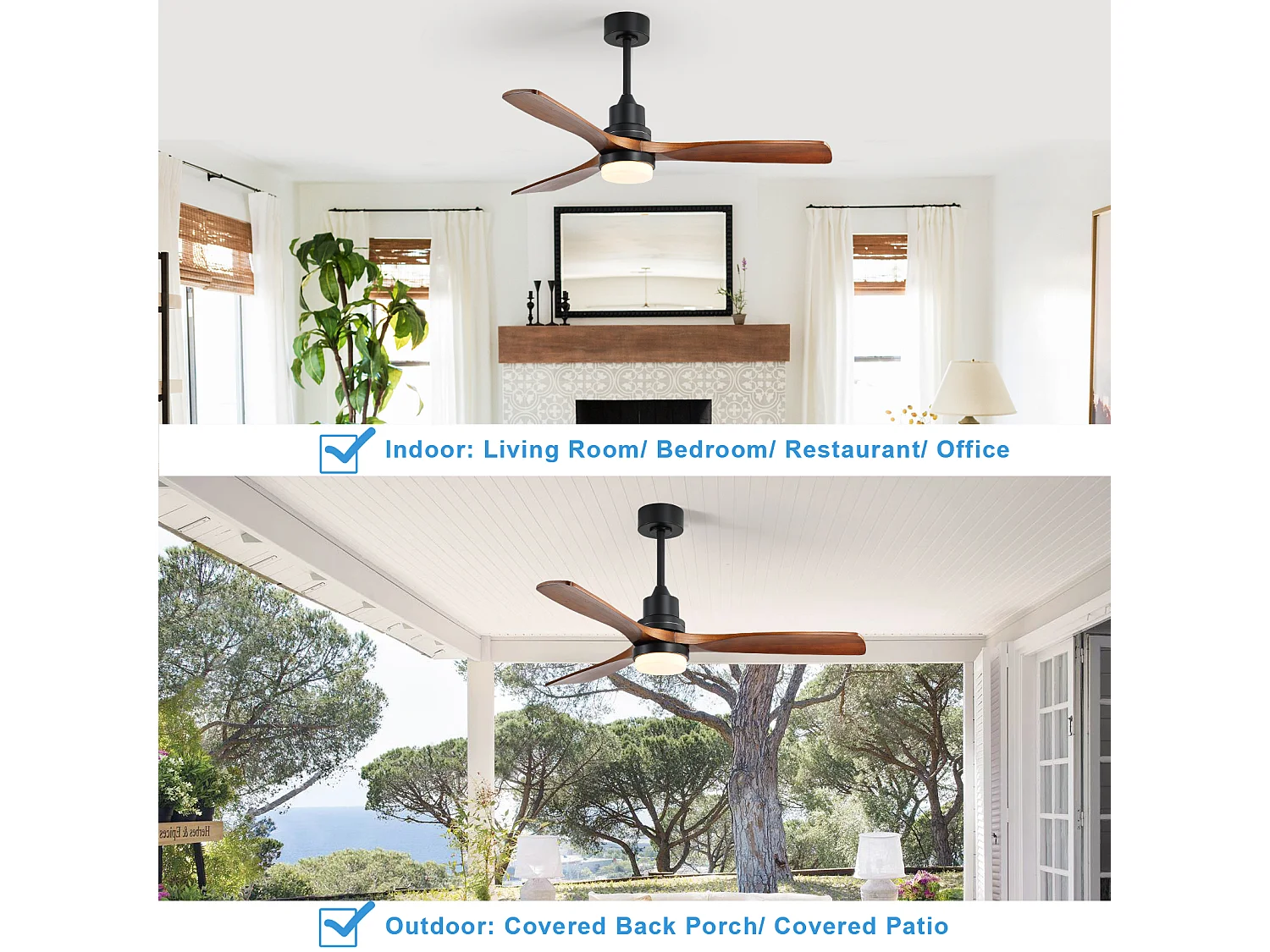 Ventilateur Plafond Bois Massif 132 cm avec LED – Moteur DC Réversible Silencieux – Pour Salon, Chambre, Patio