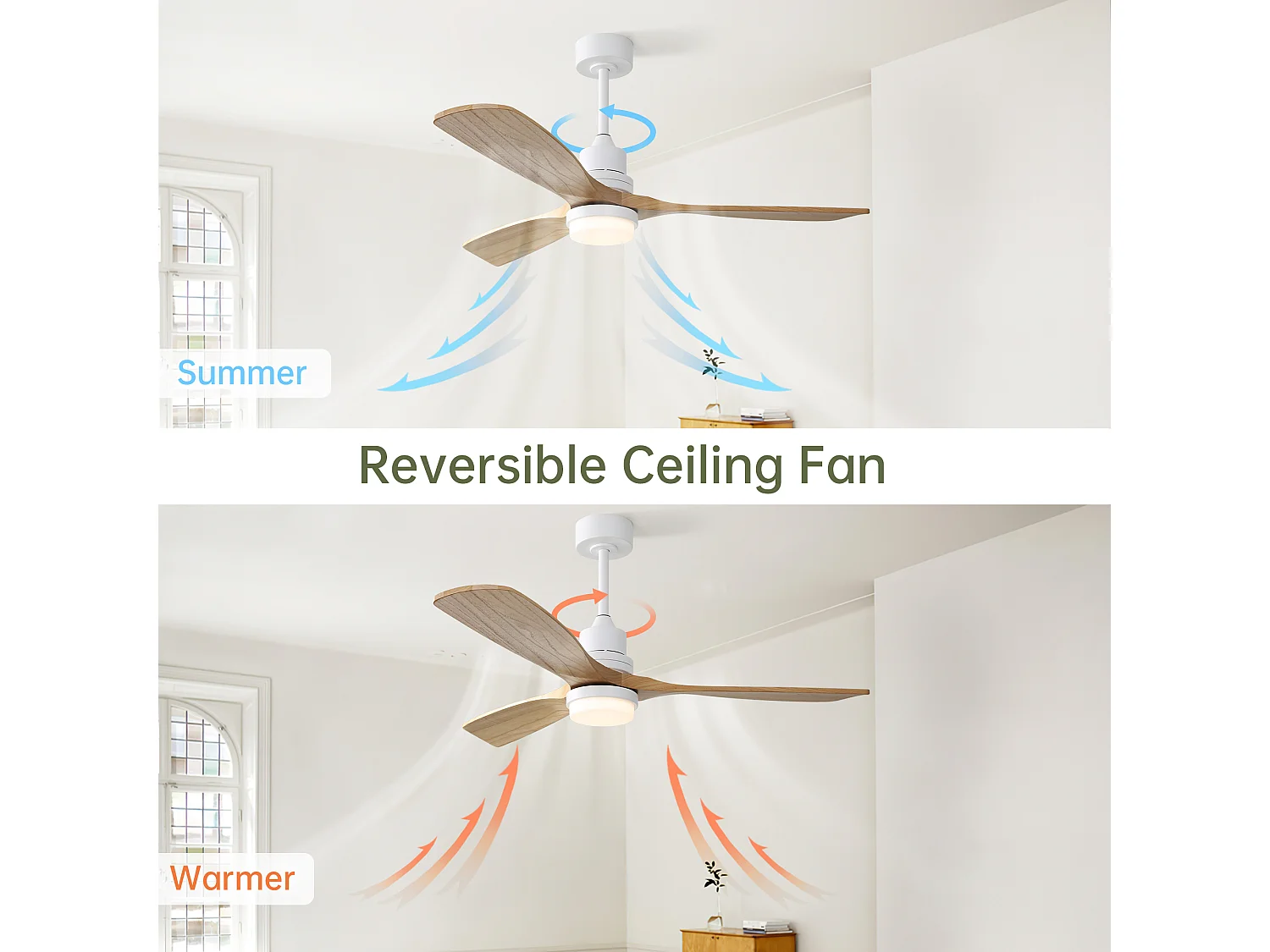 Ventilateur Plafond Bois Massif 132 cm avec LED – Moteur DC Réversible Silencieux – Pour Salon, Chambre, Intérieur