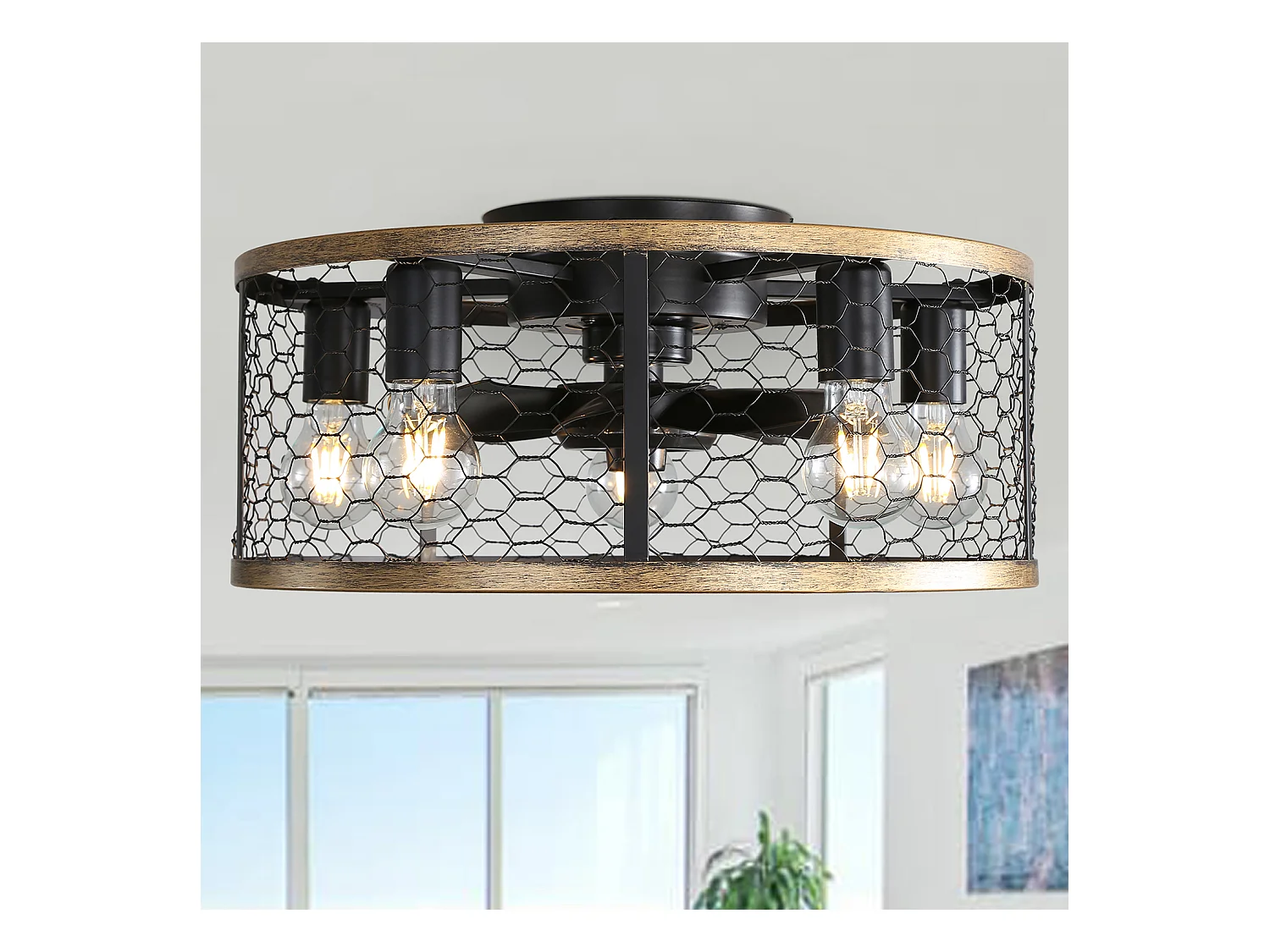 Ventilateur plafond industriel 20" avec lumière – cage métal/bois – moteur CC réversible – petites pièces