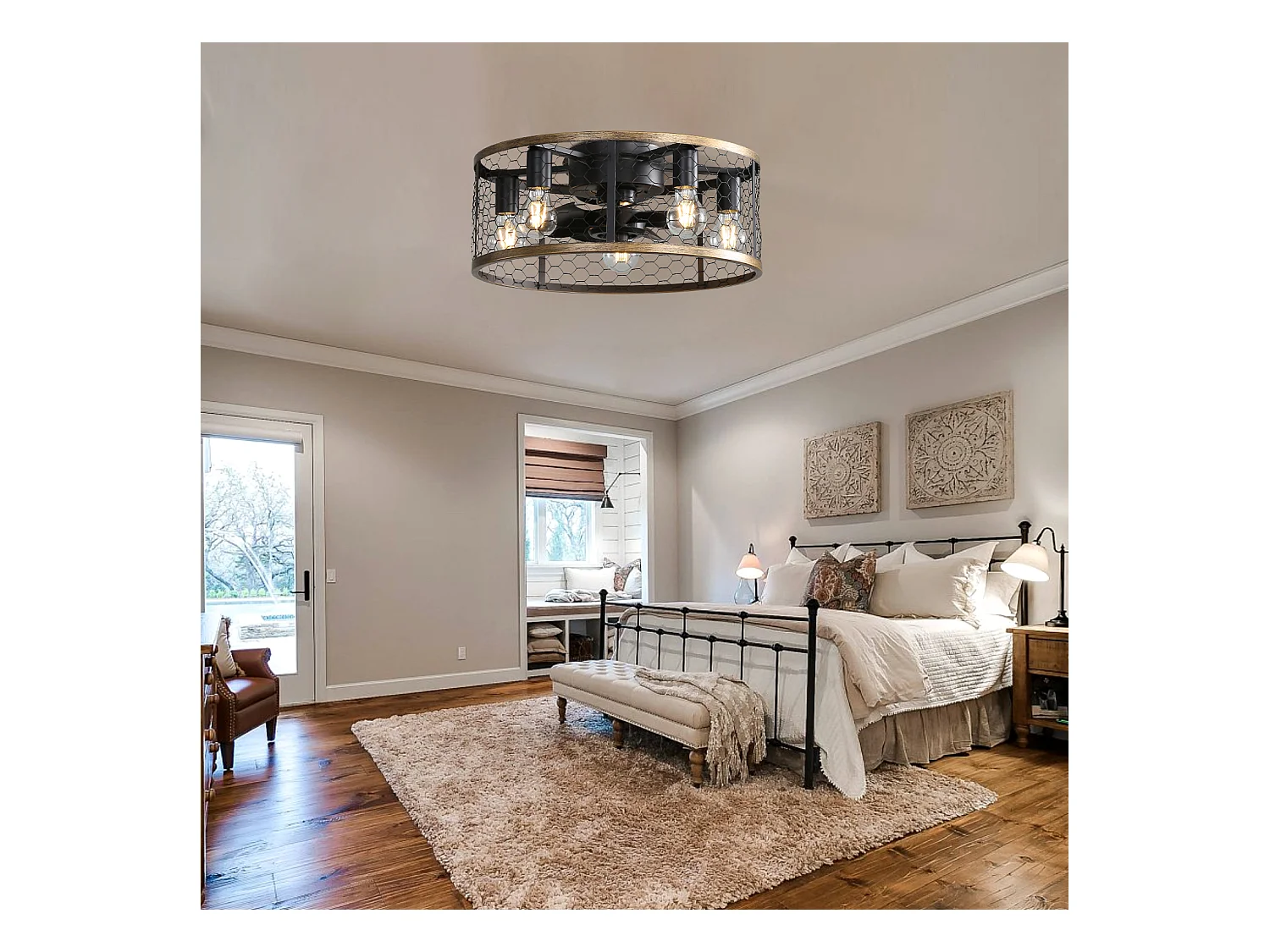 Ventilateur plafond industriel 20" avec lumière – cage métal/bois – moteur CC réversible – petites pièces