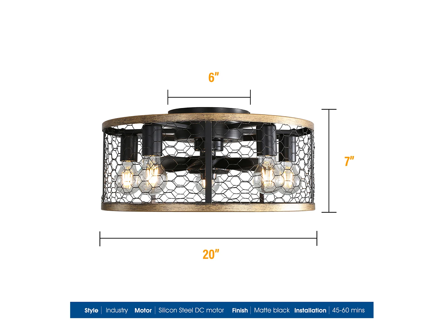 Ventilateur plafond industriel 20" avec lumière – cage métal/bois – moteur CC réversible – petites pièces