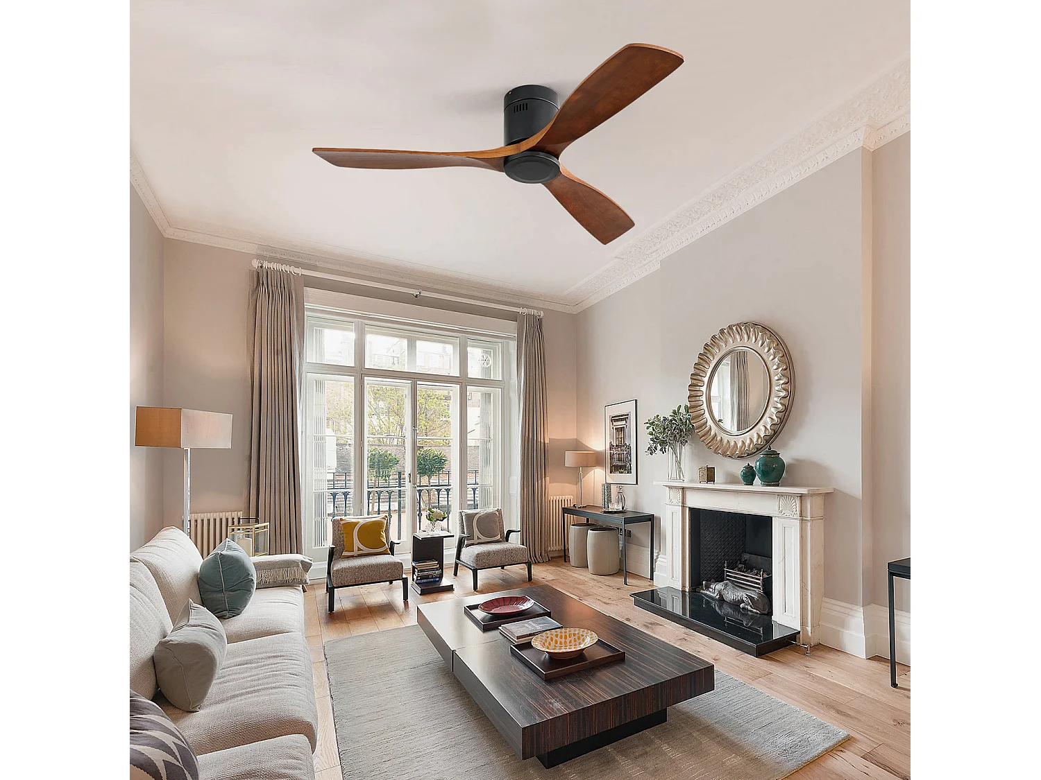 Ventilateur de Plafond 132 cm avec Lumière LED – Pales Bois – Moteur DC Réversible Silencieux – Design Moderne pour Intérieur