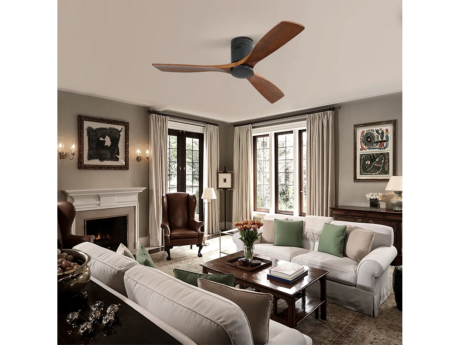 Ventilateur de Plafond 132 cm avec Lumière LED – Pales Bois – Moteur DC Réversible Silencieux – Design Moderne pour Intérieur