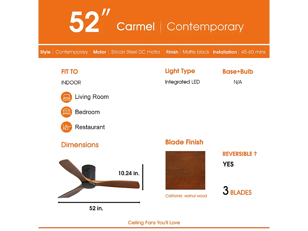 Ventilateur de Plafond 132 cm avec Lumière LED – Pales Bois – Moteur DC Réversible Silencieux – Design Moderne pour Intérieur