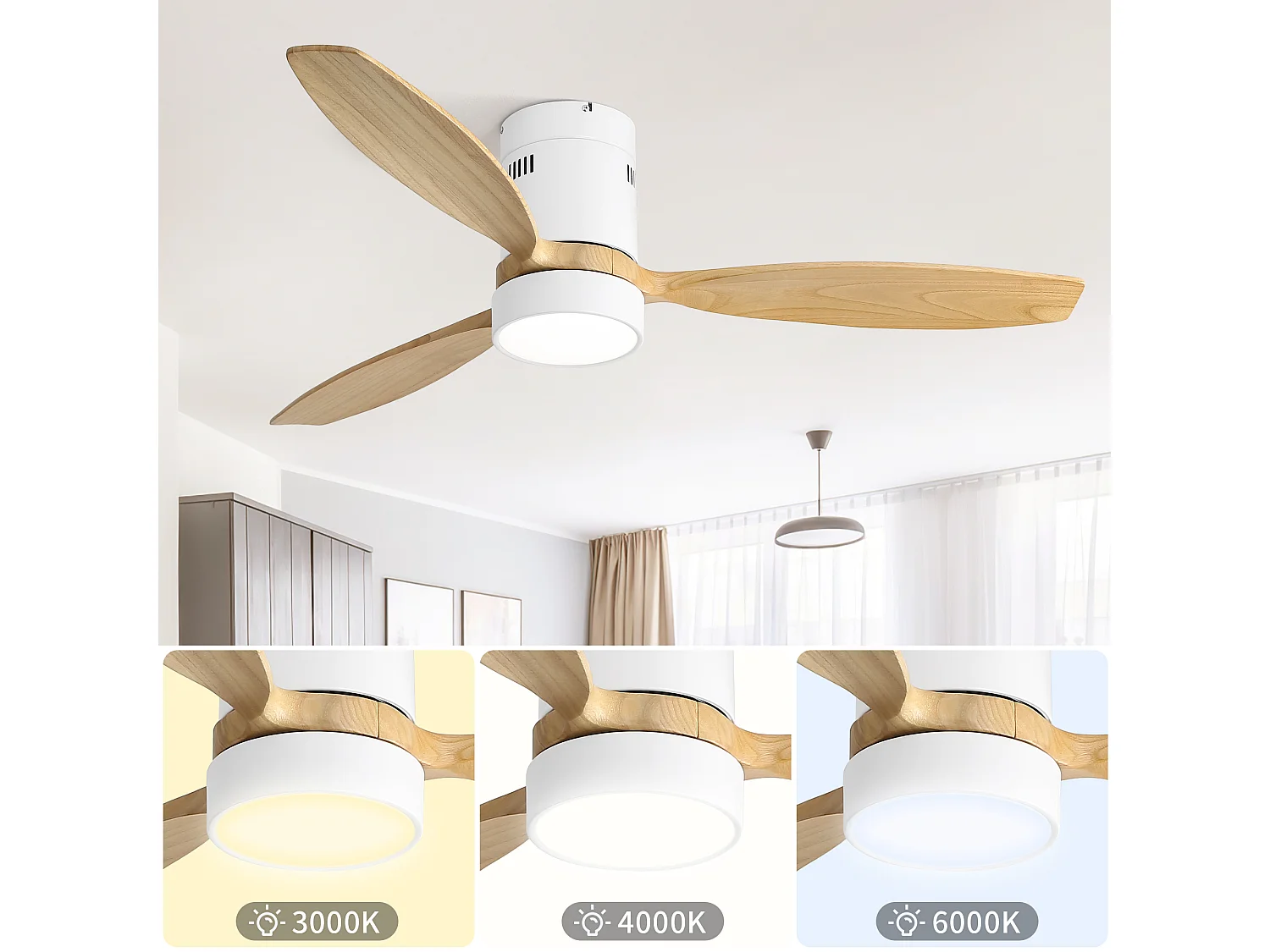 Ventilateur Plafond Bois Moderne 132 cm avec LED 3CCT – Moteur DC Réversible – Pour Salon, Chambre, Patio