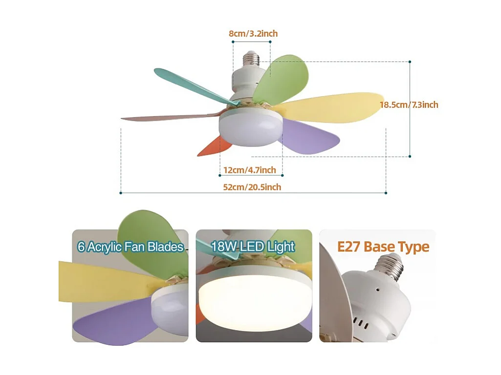 Ventilateur de plafond LED E27 30 W avec variateur à distance pour salon, bureau et maison, 85-265 V, couleur