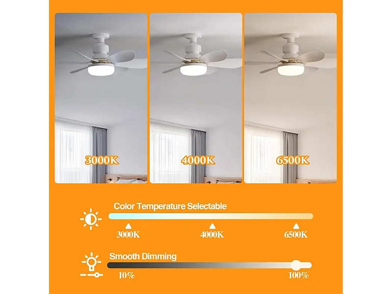 Ventilateur de plafond LED E27 30 W avec variateur à distance pour salon, bureau et maison, 85-265 V, couleur