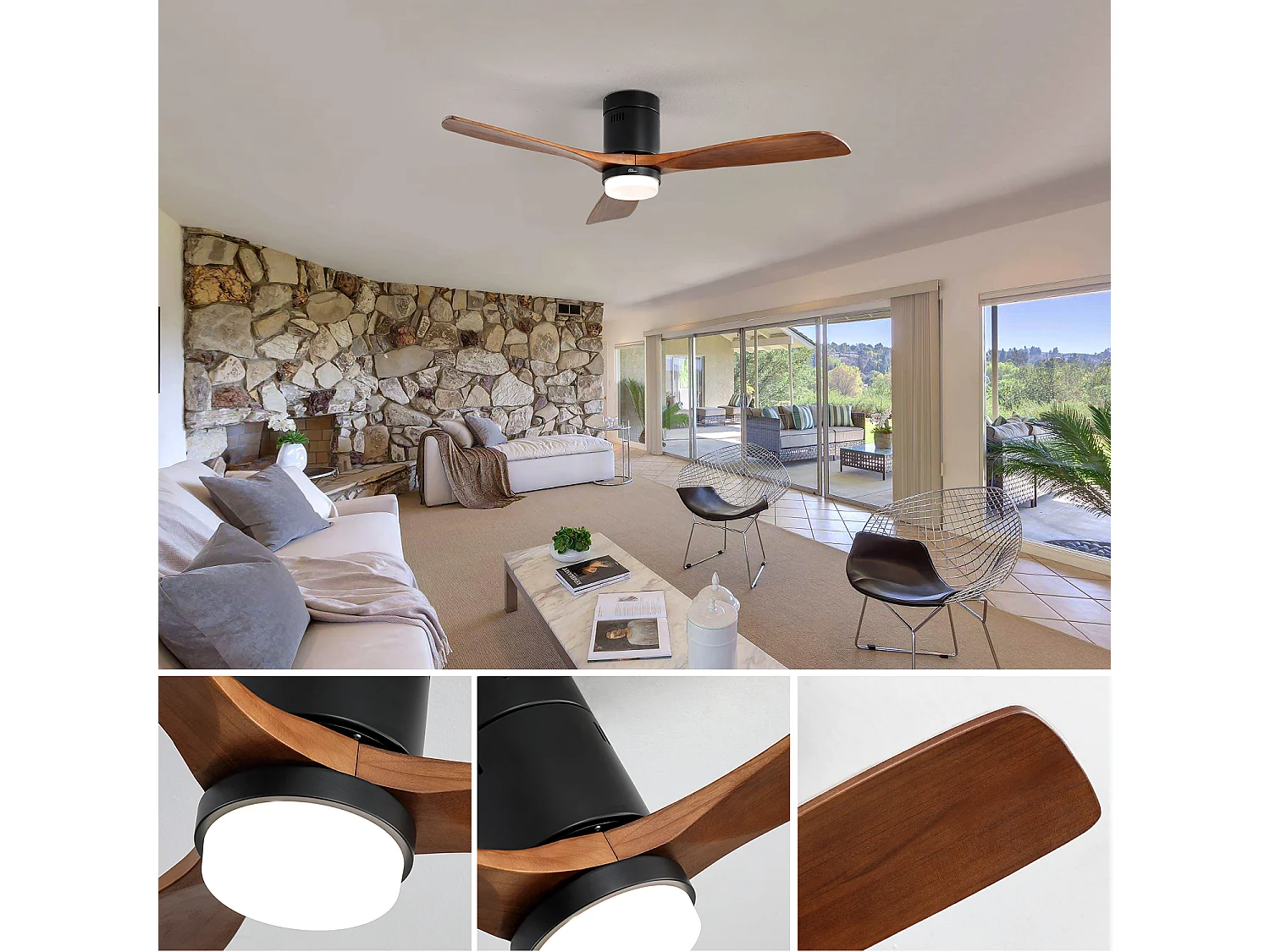 Ventilateur Plafond Bois 132 cm avec LED – Moteur DC Réversible 6 Vitesses – Silencieux – Pour Salon, Chambre, Patio