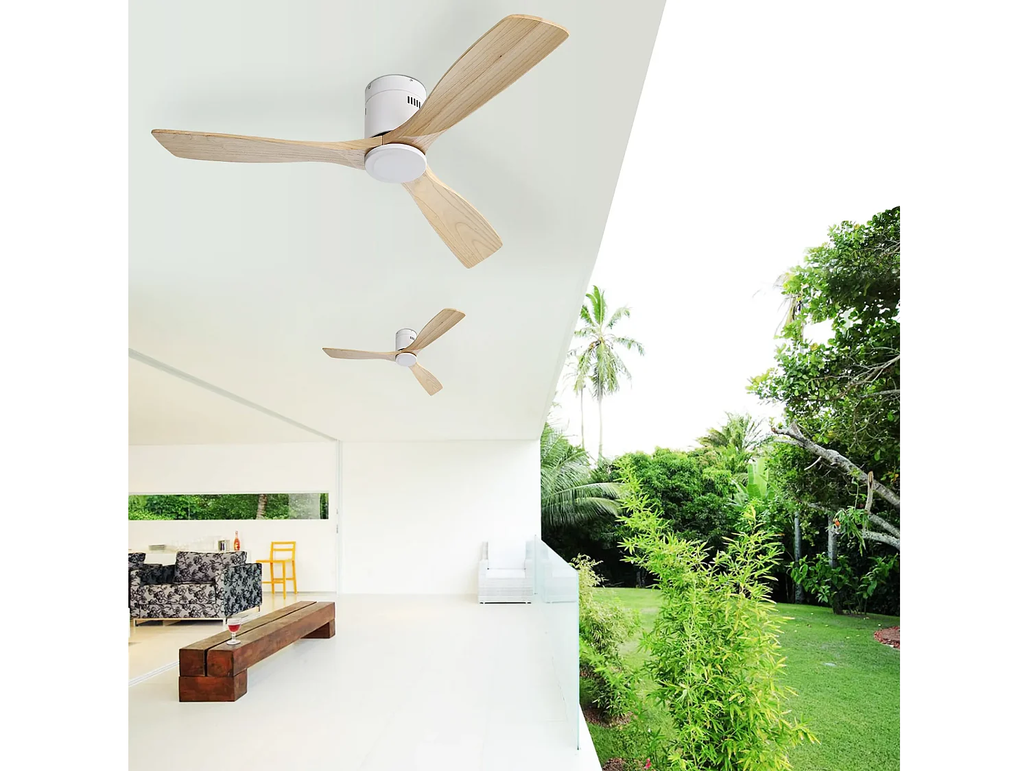 Ventilateur de Plafond Bois 132 cm avec Lumière LED – Moteur DC Réversible Silencieux – Pour Salon, Chambre, Patio