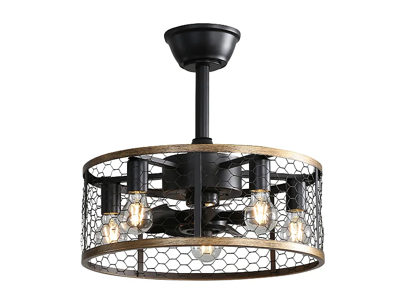 Ventilateur de Plafond Industriel 20 Pouces avec Lumière – Design Cage Métallique et Bois – Moteur Réversible à Courant Continu