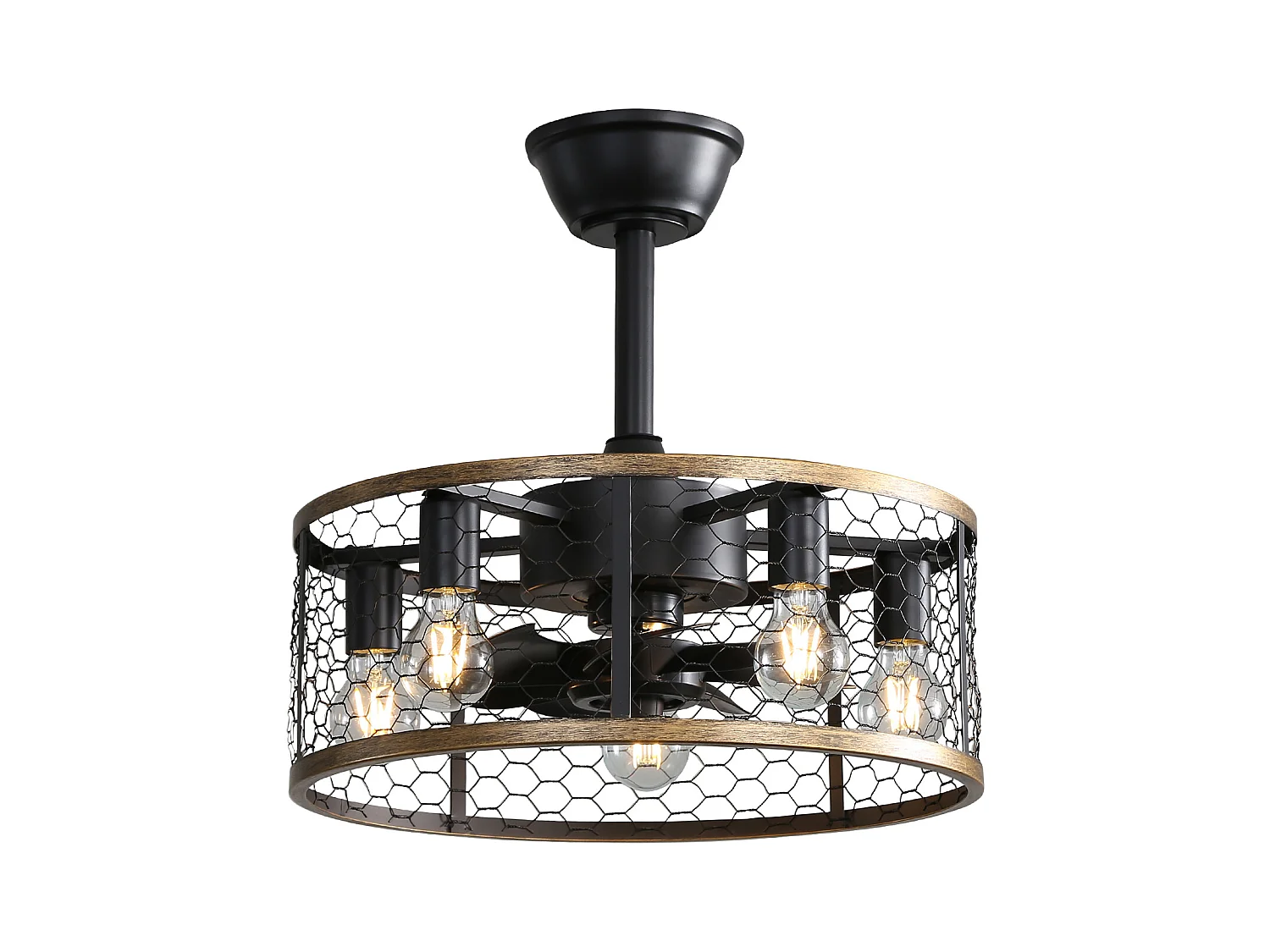 Ventilateur de Plafond Industriel 20 Pouces avec Lumière – Design Cage Métallique et Bois – Moteur Réversible à Courant Continu