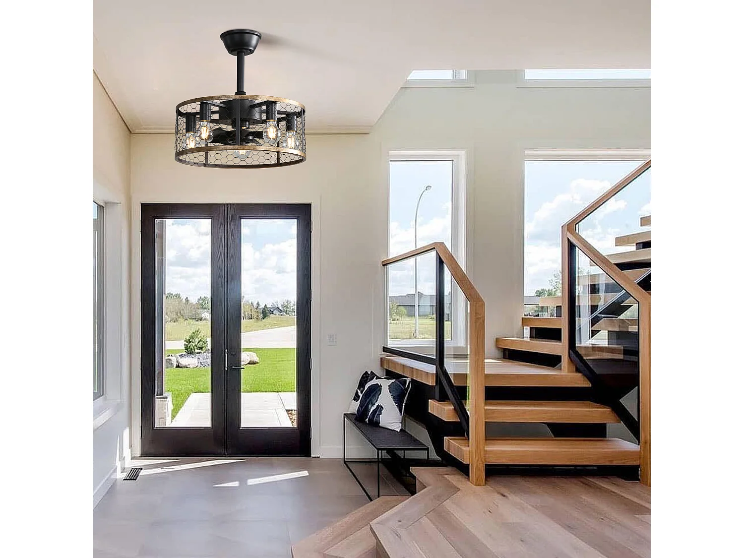 Ventilateur de Plafond Industriel 20 Pouces avec Lumière – Design Cage Métallique et Bois – Moteur Réversible à Courant Continu