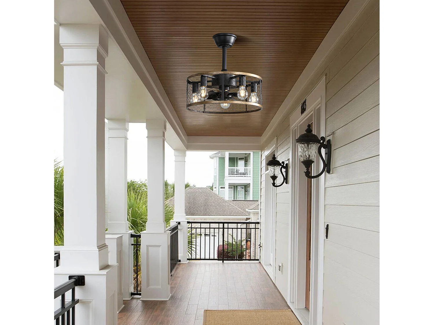 Ventilateur de Plafond Industriel 20 Pouces avec Lumière – Design Cage Métallique et Bois – Moteur Réversible à Courant Continu