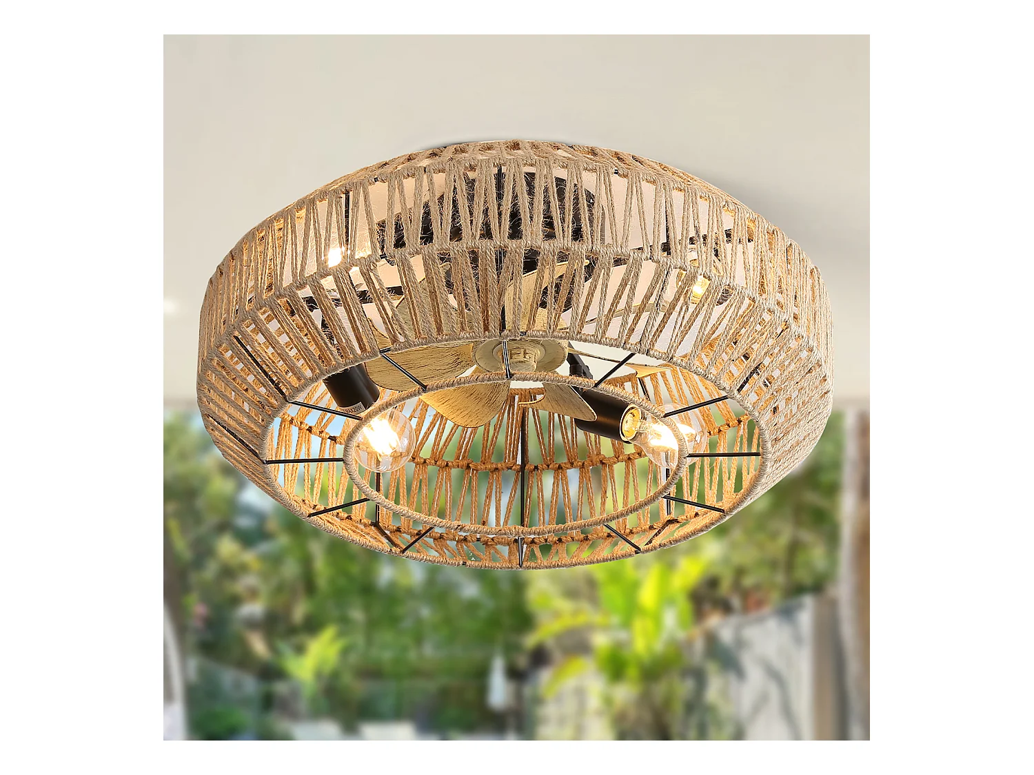 Ventilateur de Plafond Boho avec Cage en Métal et Pales en Faux Grain de Bois – Idéal pour Chambre, Salon, Cuisine, Salle à Manger