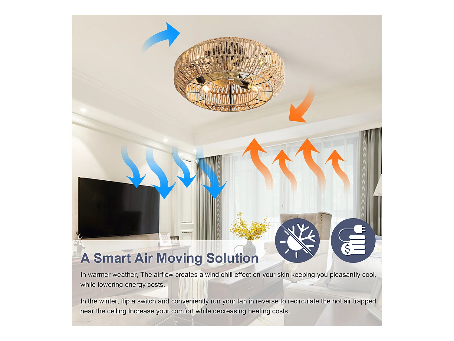 Ventilateur de Plafond Boho avec Cage en Métal et Pales en Faux Grain de Bois – Idéal pour Chambre, Salon, Cuisine, Salle à Manger