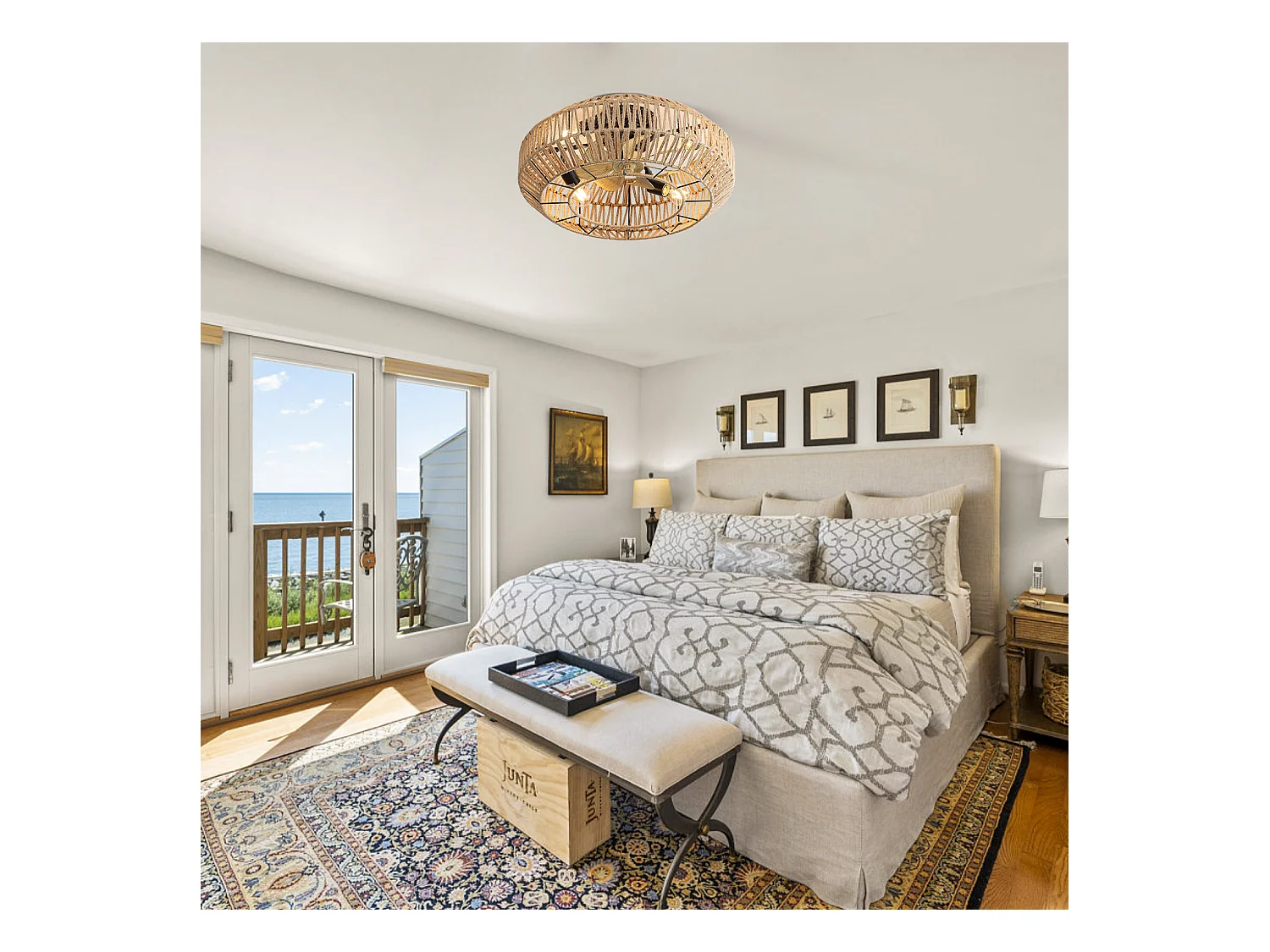 Ventilateur de Plafond Boho avec Cage en Métal et Pales en Faux Grain de Bois – Idéal pour Chambre, Salon, Cuisine, Salle à Manger